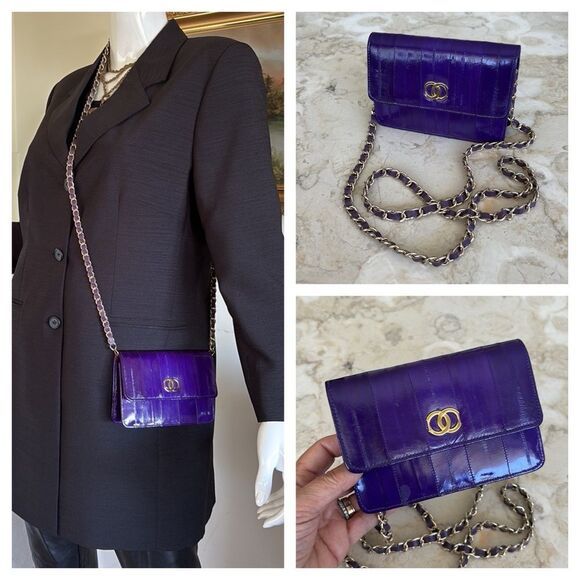 Genuine Eel-skin Mini Shoulder / Clutch Bag with Chain & Leather Strap - Picture 1 of 16